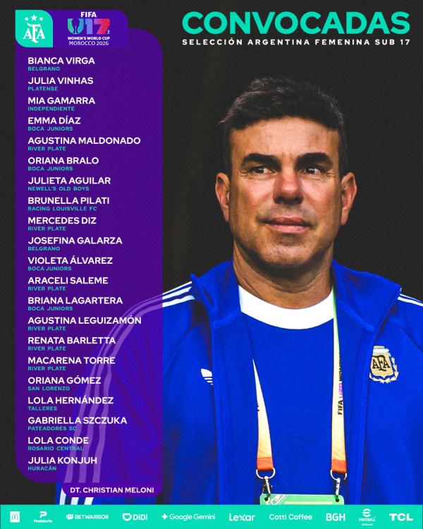 Placa oficial de AFA con las 21 convocadas para el Mundial femenino Sub-17 de Marruecos 2026